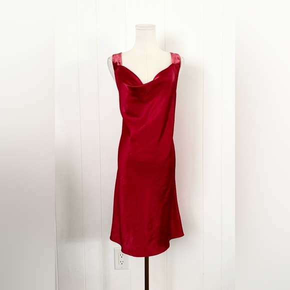 Vintage 90s Vera Wang Red Satin Drape Cowl Neck Dress Rare Designer